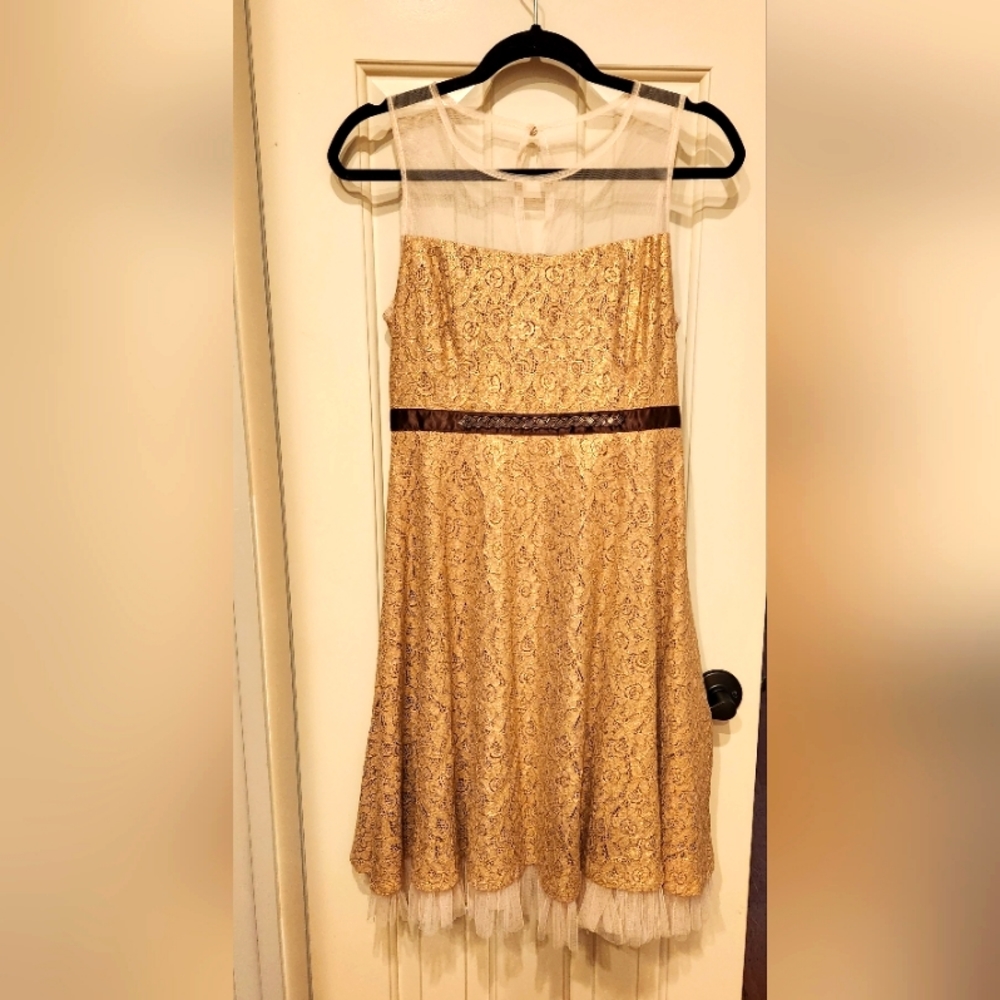 Vintage style 1950's party dress. Brand: Ryu, Size: S, Color/Fabric: Gold/Lace